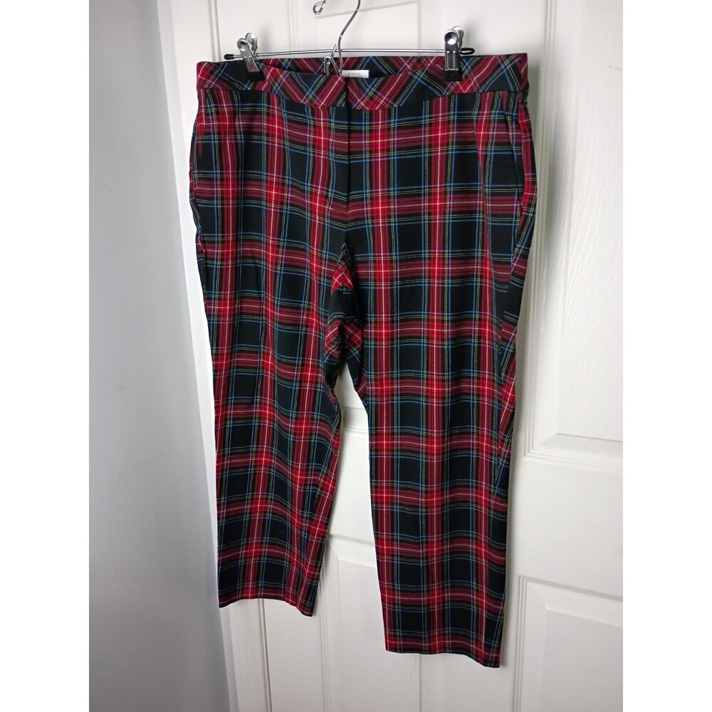 J Jill Pants Tartan Plaid Bi-Stretch Size 16 Black Red Plaid Faux Pockets Capri